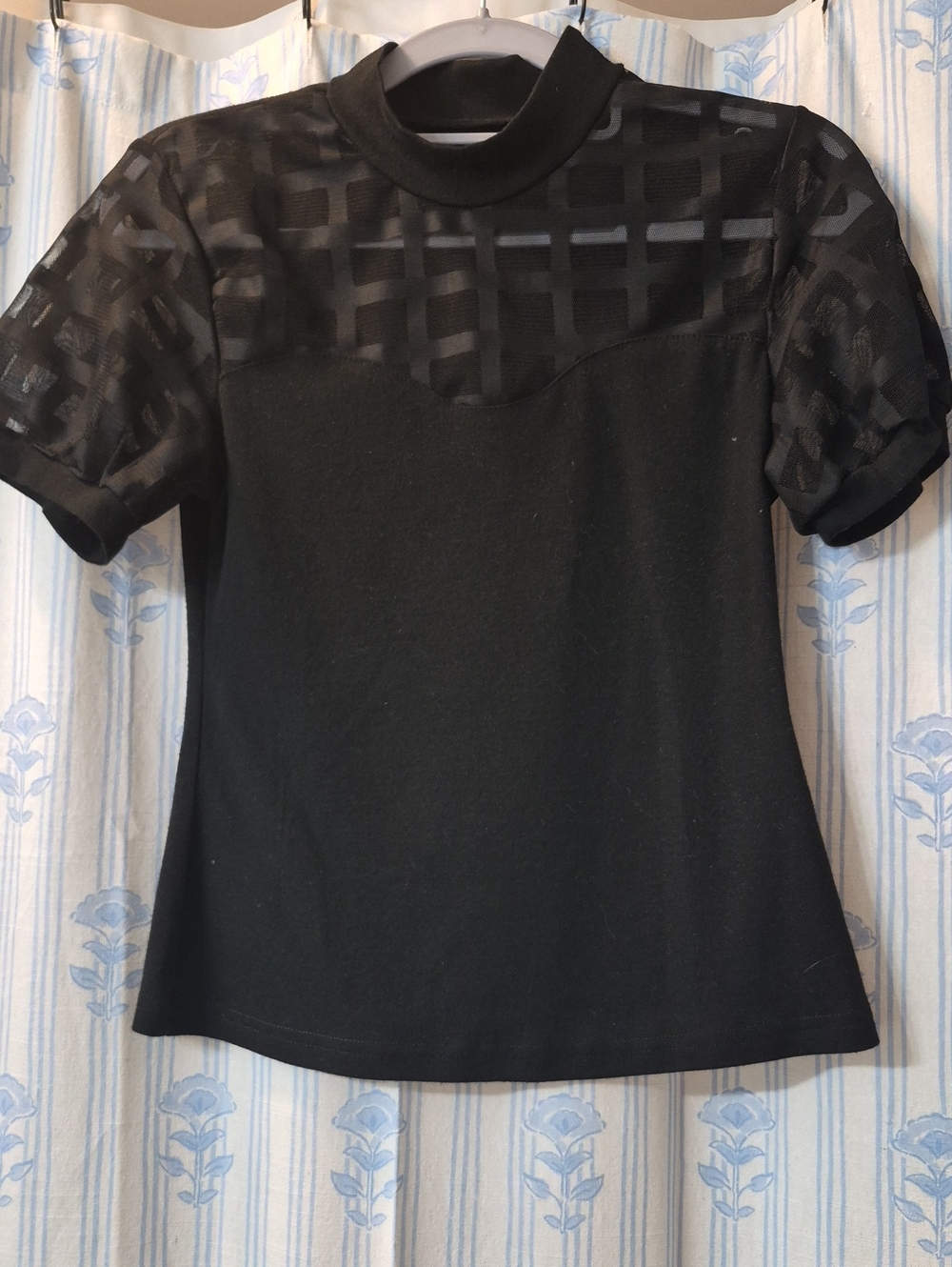 Chic Black Mock Neck Top with Sheer Grid Mesh Yoke & Puff Sleeves Sz S